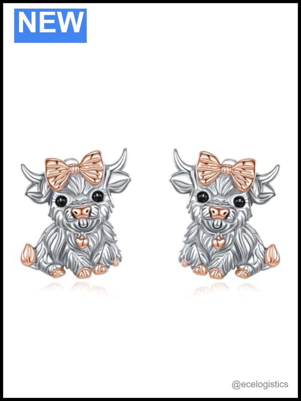 925 Sterling Silver Highland Cow Stud Earrings Rose Gold Plated Bow